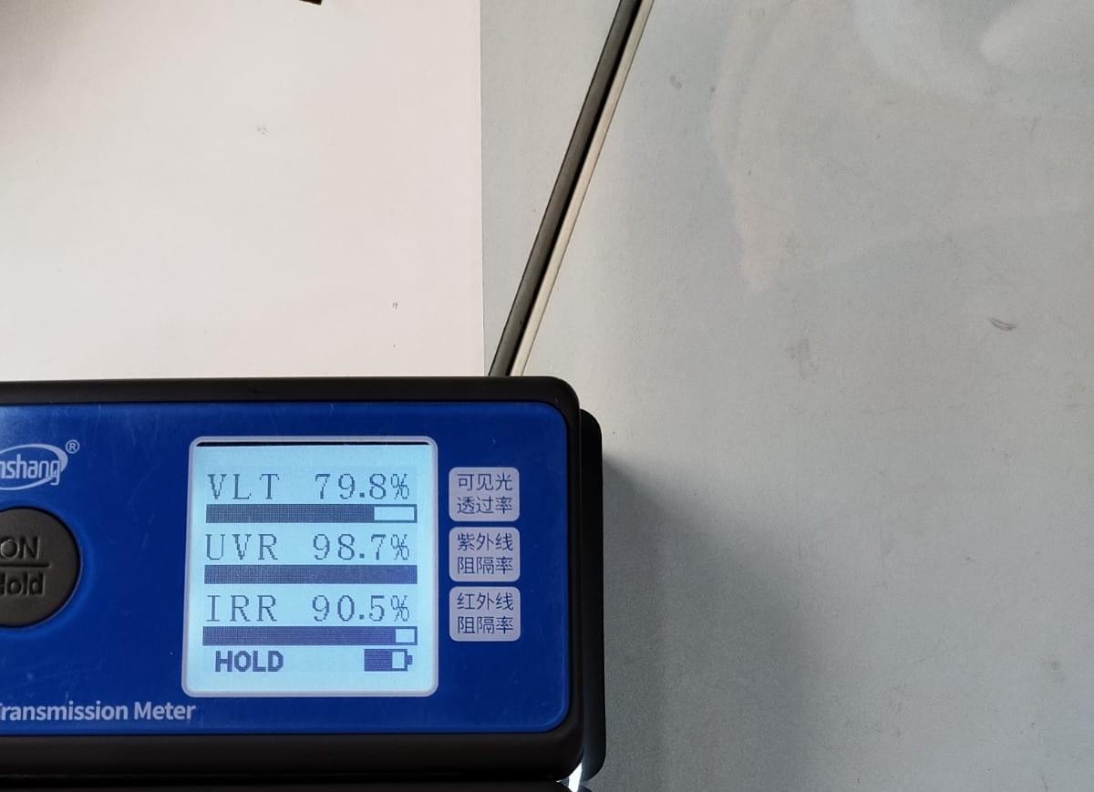 Transmission Meter — VLT 79.8%, UVR 98.7%, IRR 90.5%